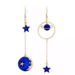 Gold Blue Orbital Moon Star Asymmetrical Earrings